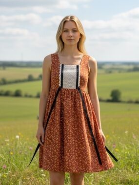 Beiminyu Rust Floral Square-Neck Sundress Lace CottageCore Corduroy Tie Waist